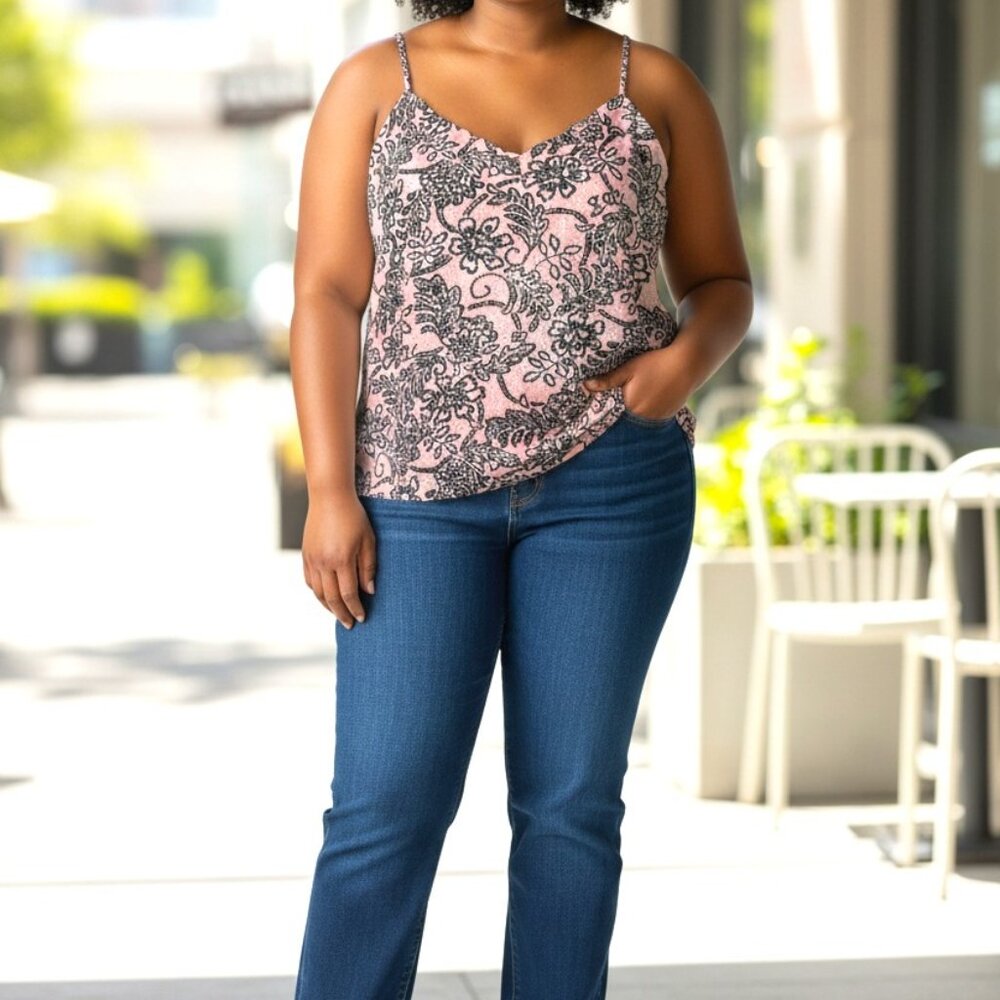 (B-63)C&E Pink Floral Lace Cami Tank Top‎ Women’s Large Spaghetti Strap Blouse.